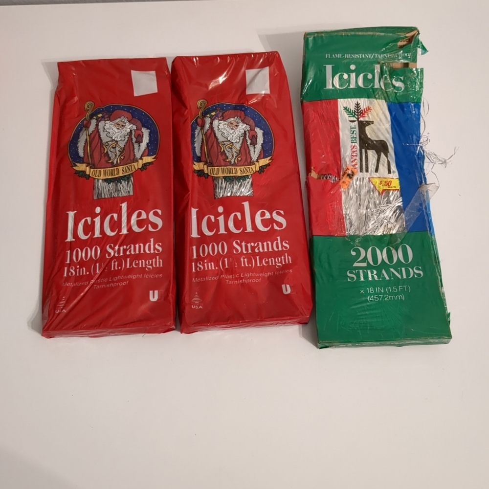 Lot/3 Vintage Christmas Tree Icicles Silver Tinsel 1000 & 2000 Strands 18" (Read